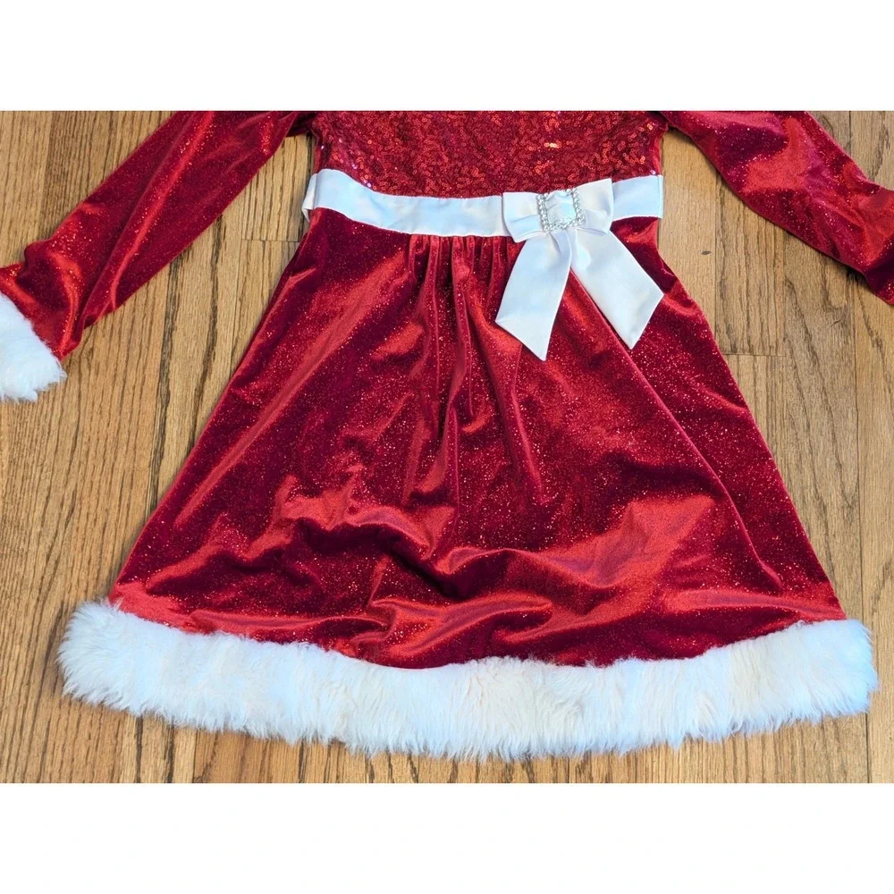 Bonnie Jean Girls Red Velvet Sequin Christmas Dress Faux Fur Trim Size 8